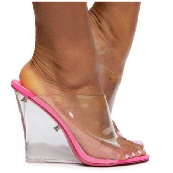 Shoes - Clear Peep Toe Wedges in Fuchsia